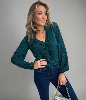 Green Animal Print Ruffle Popover Blouse