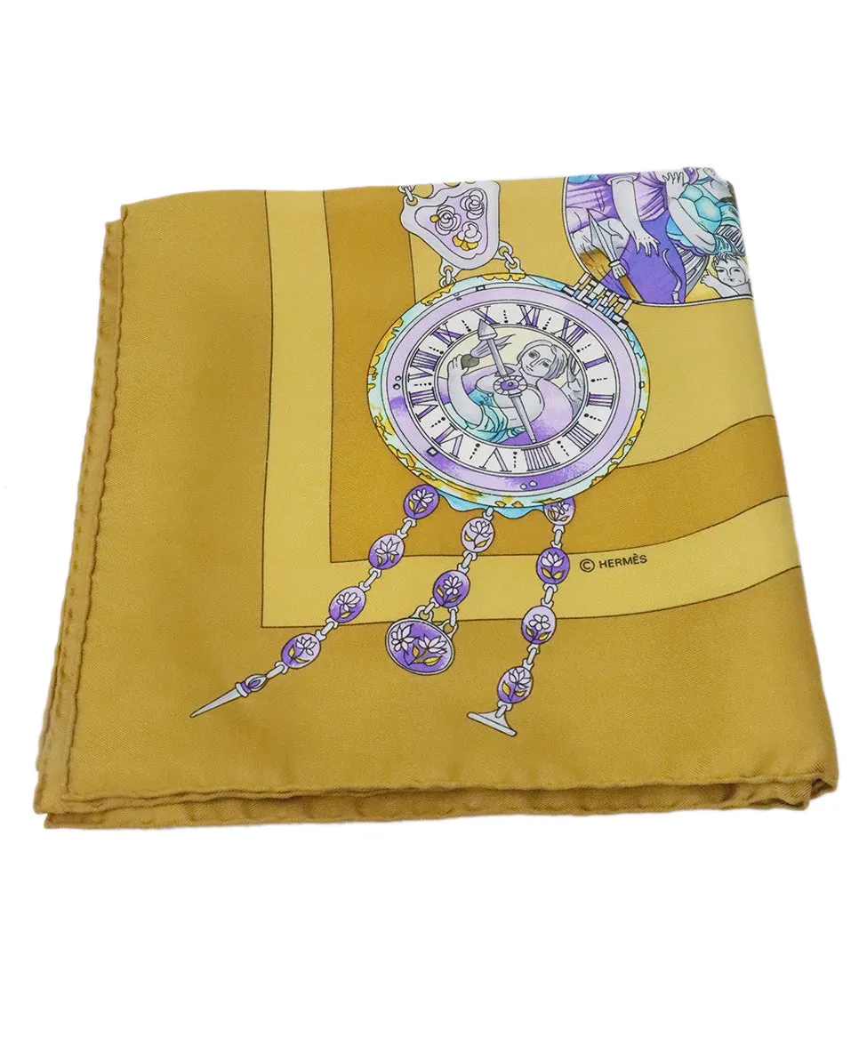 Hermes Mustard Yellow Silk Print Scarf