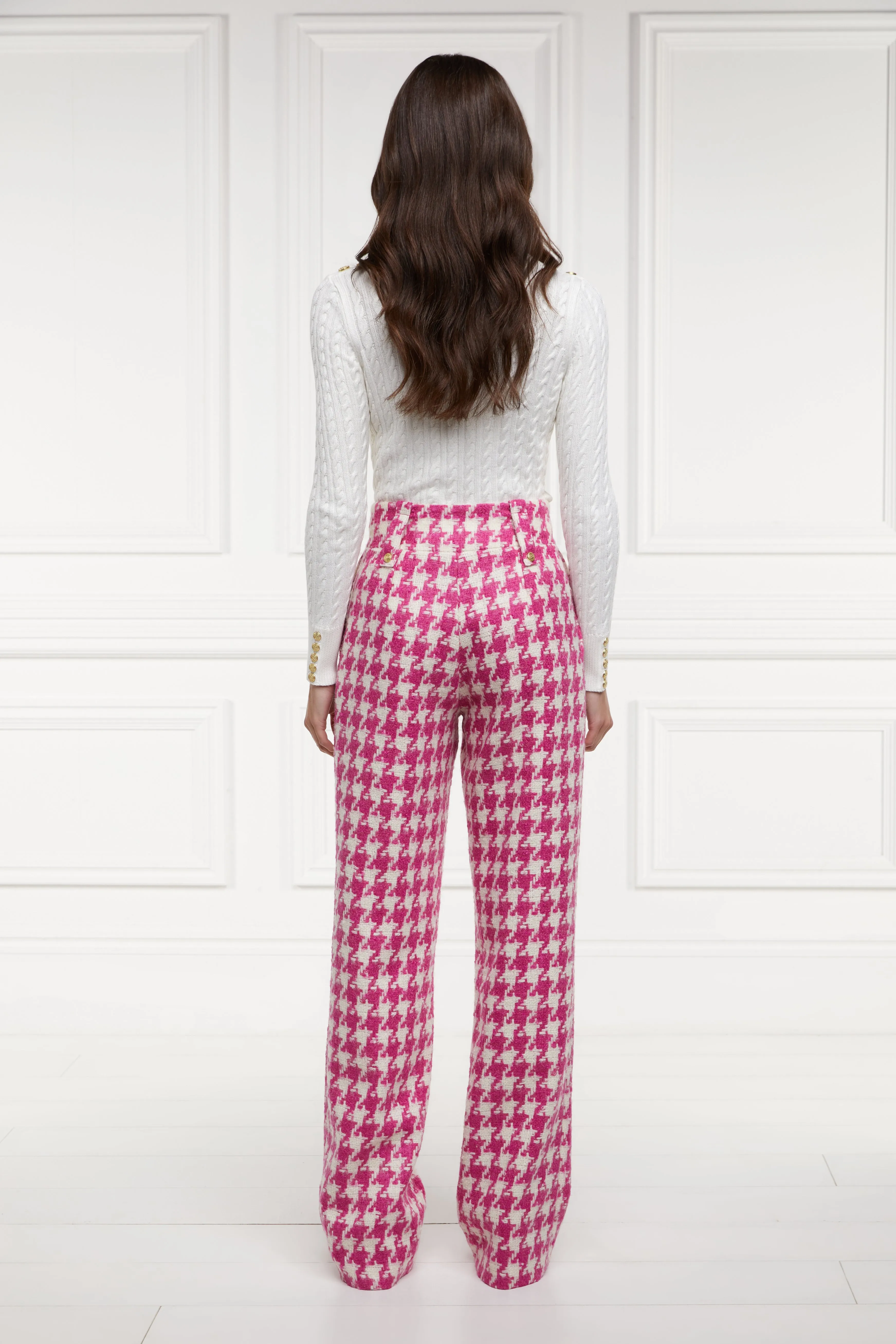 High Waisted Straight Trouser (Hot Pink Large Scale Houndstooth)