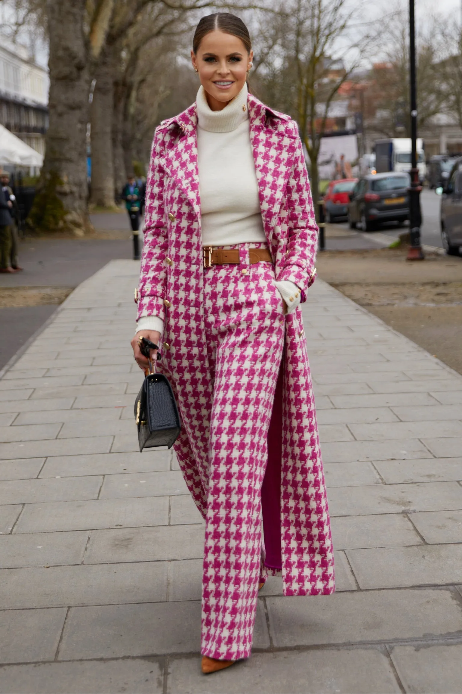 High Waisted Straight Trouser (Hot Pink Large Scale Houndstooth)