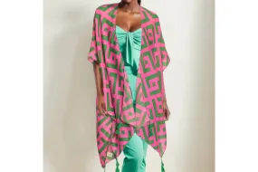 Kimono Lux Geo Print Green and Pink Poncho for Women