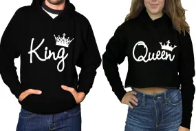 King Queen Couple Matching Hoodies, Ladies Crop Top Hoodie and Mens Pullover Hoodie