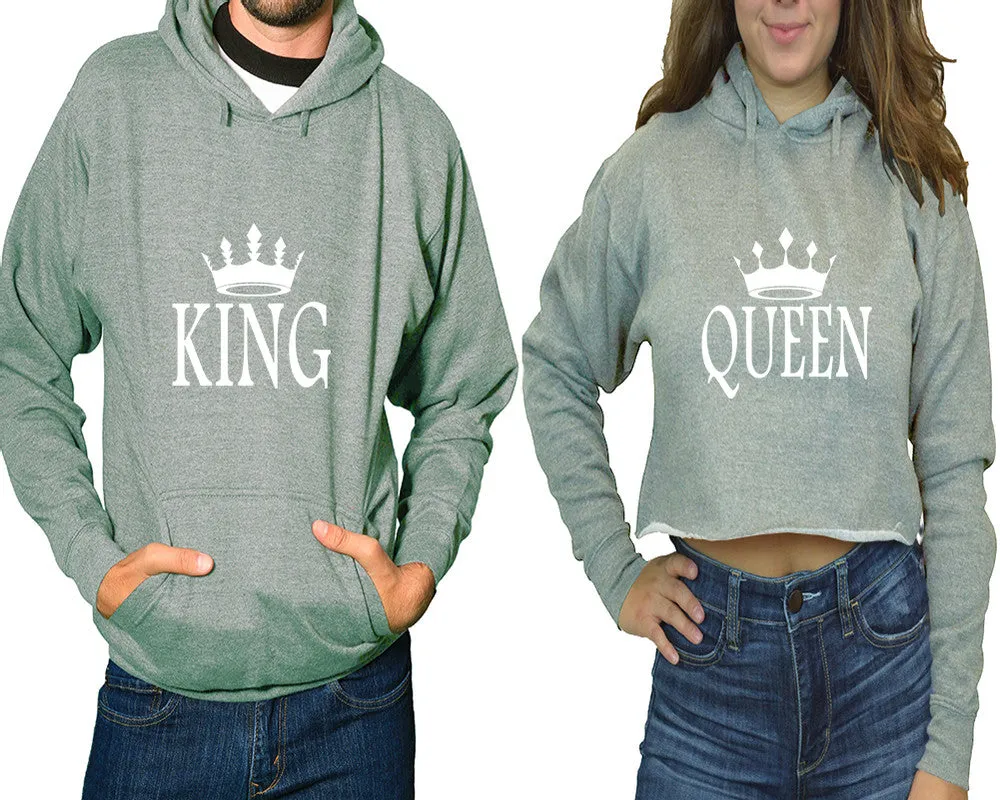 King Queen Couple Matching Pullover Hoodie for Man, Crop Top Hoodie for Woman