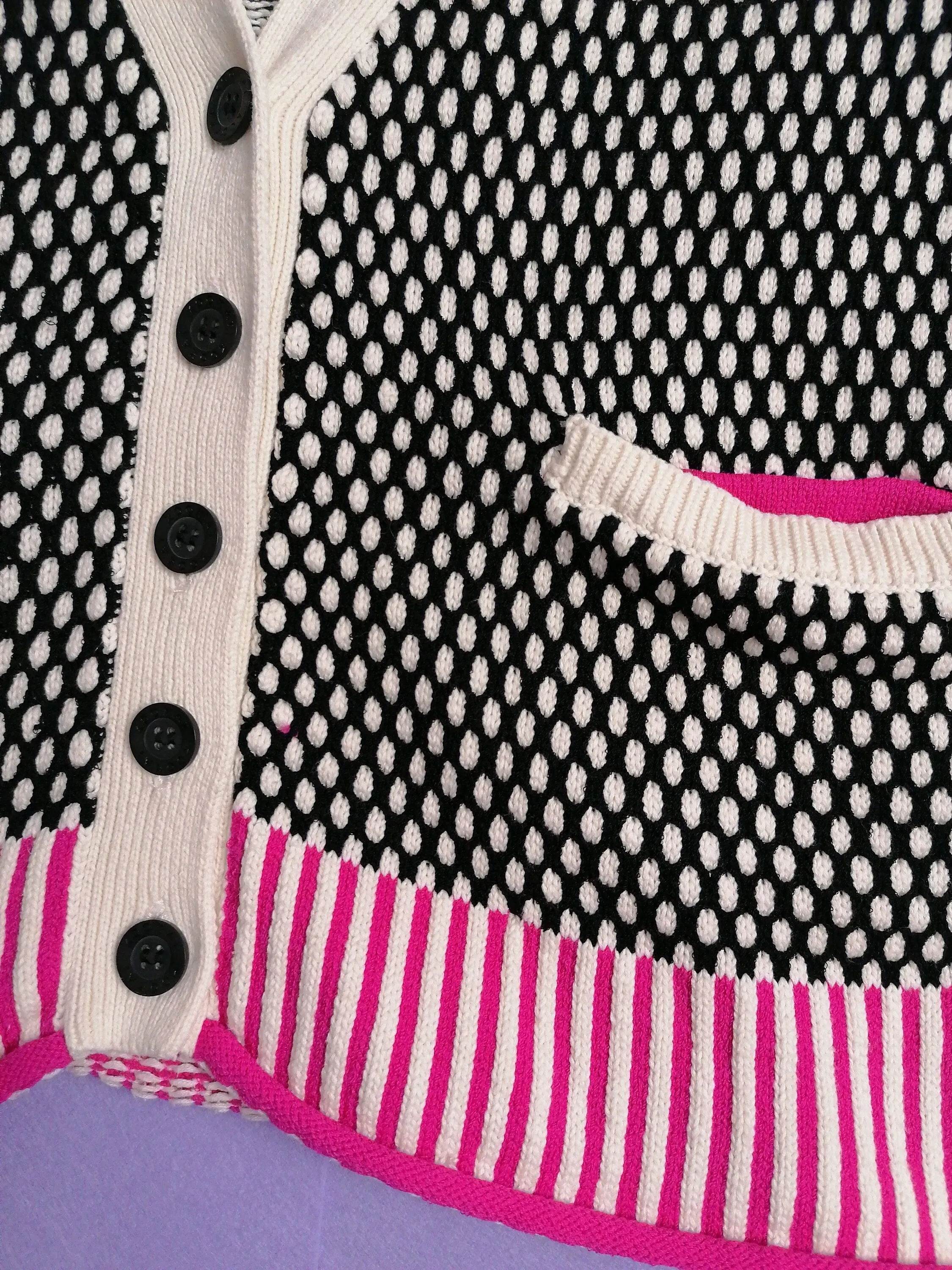 KOOKAI Cardigan Knit Sweater White Black Pink - size S-M