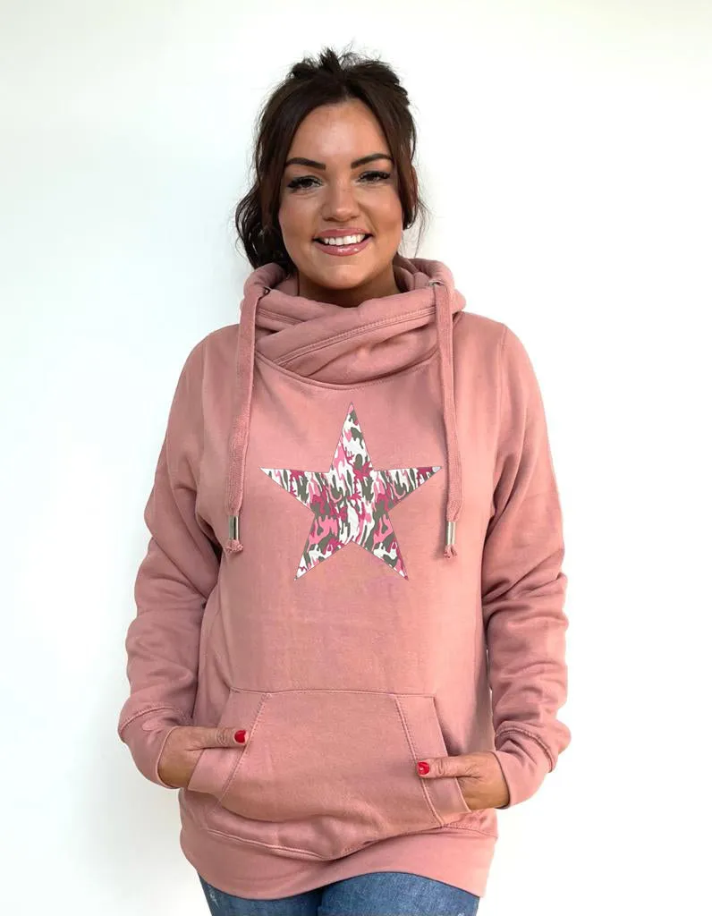 Luxury Cowl Neck Pink Camo Star Hoodie - Sugar Poppy