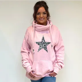 Luxury Cowl Neck Silver Leopard Star Hoodie - Pink