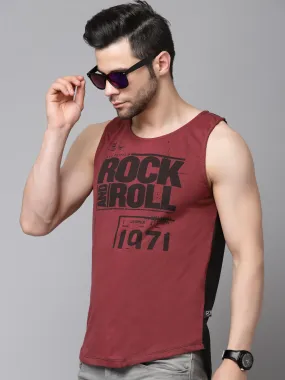 Maroon Black Placement Print Cotton Sleeveless T-Shirt Vest with Curved Bottom