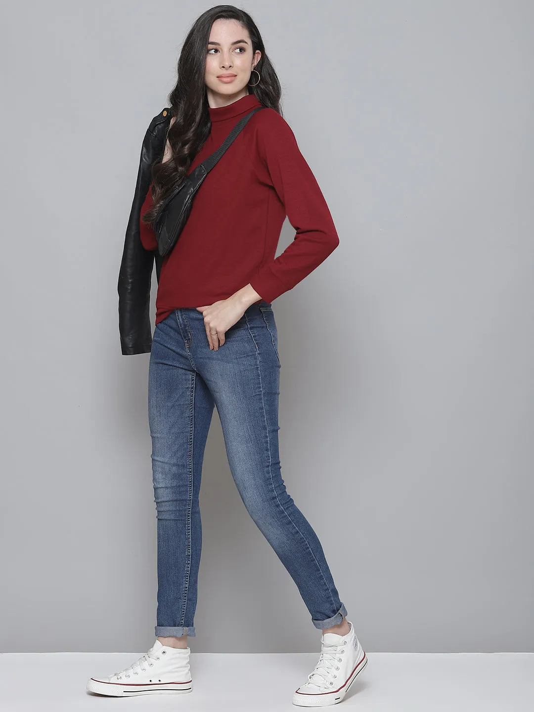 Maroon Rib Turtle Neck Raglan Sweat Top