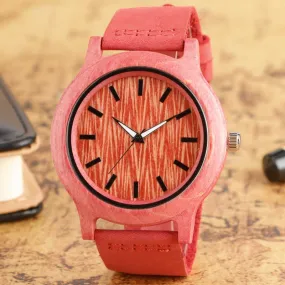 Natural Red & Pink Handmade Genuine Leather Bamboo Watch