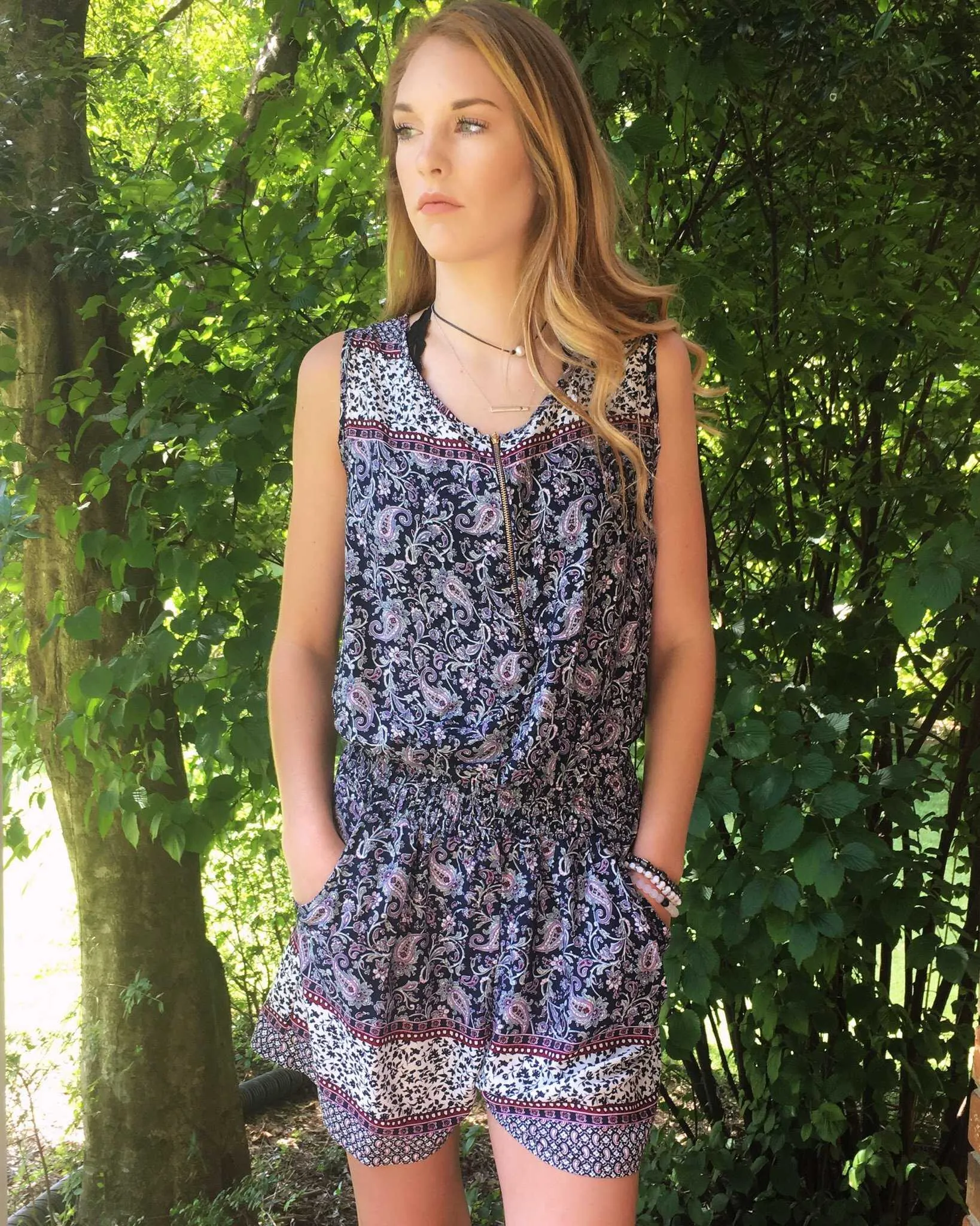 Navy and Plum Paisley Mixed Print  Romper