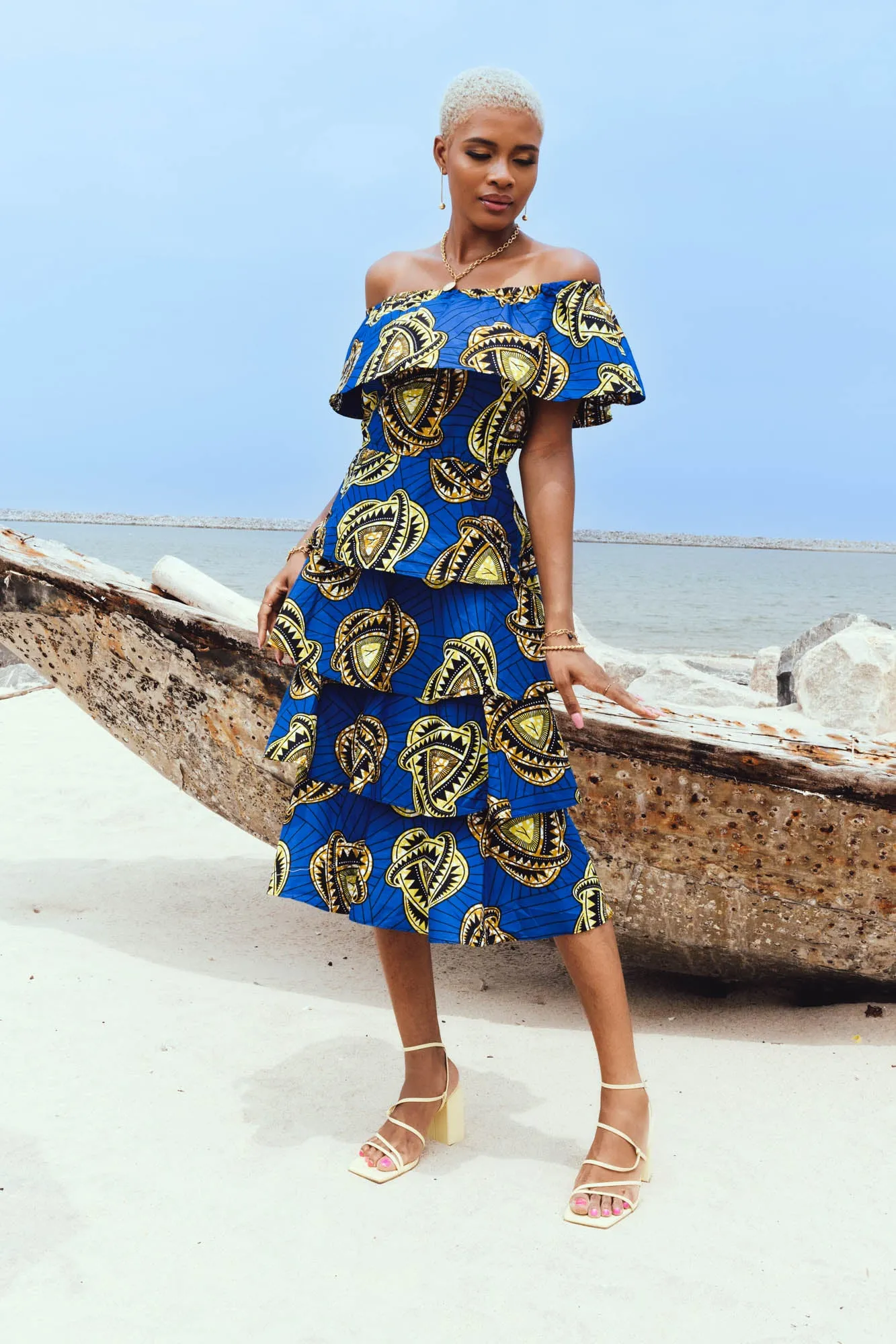 Nneka Off-shoulder Ruffle Tiered Maxi Dress - Blue and Yellow Golden Sapphire African Ankara Wax Cotton Print