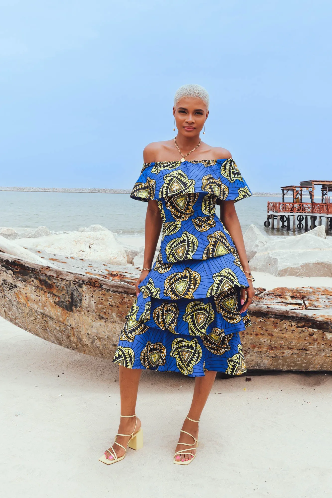 Nneka Off-shoulder Ruffle Tiered Maxi Dress - Blue and Yellow Golden Sapphire African Ankara Wax Cotton Print