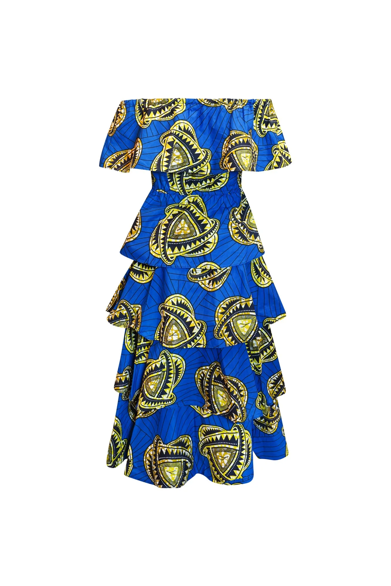 Nneka Off-shoulder Ruffle Tiered Maxi Dress - Blue and Yellow Golden Sapphire African Ankara Wax Cotton Print