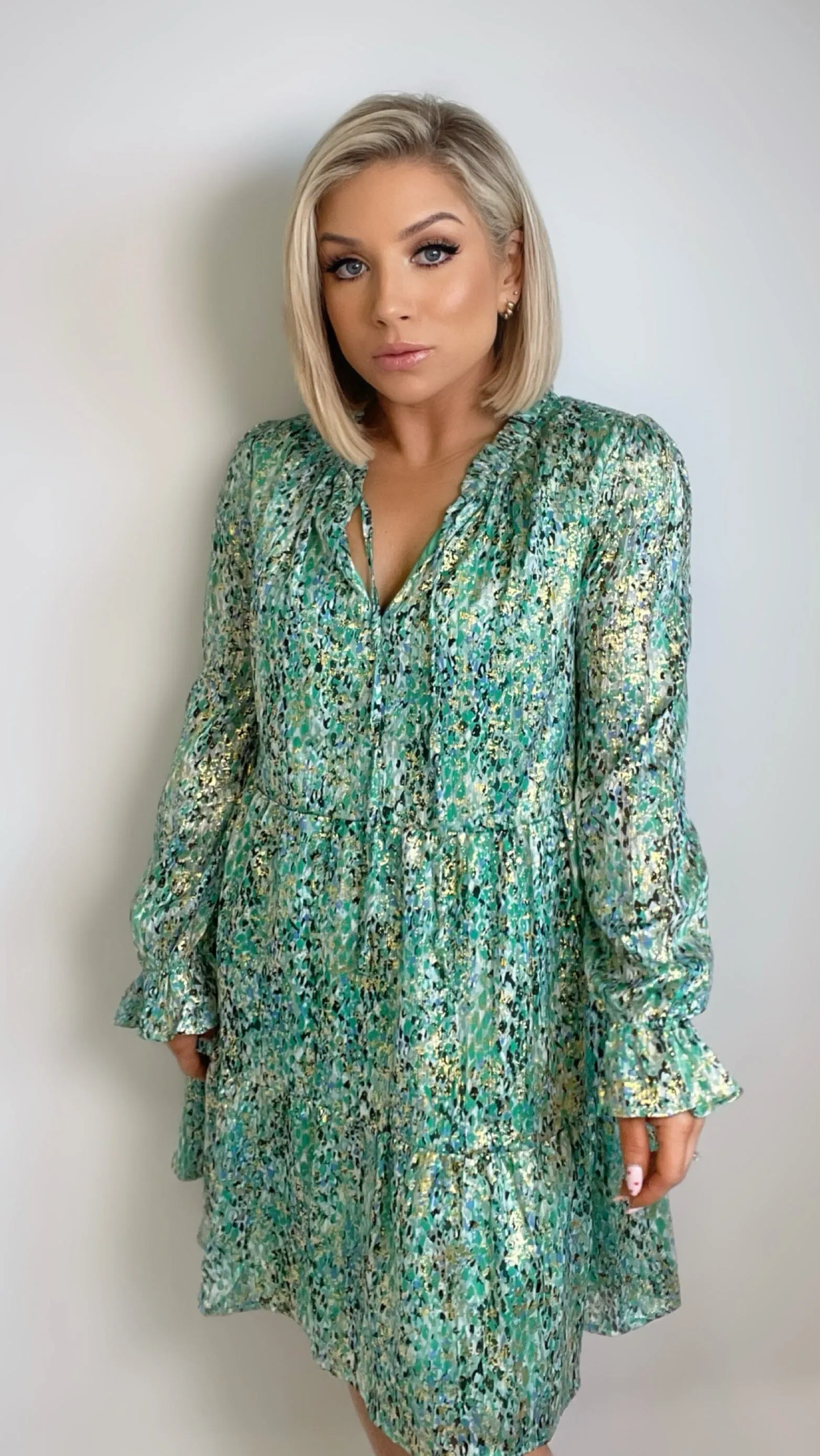 PENELOPE GOLD FOIL DRESS - GREEN