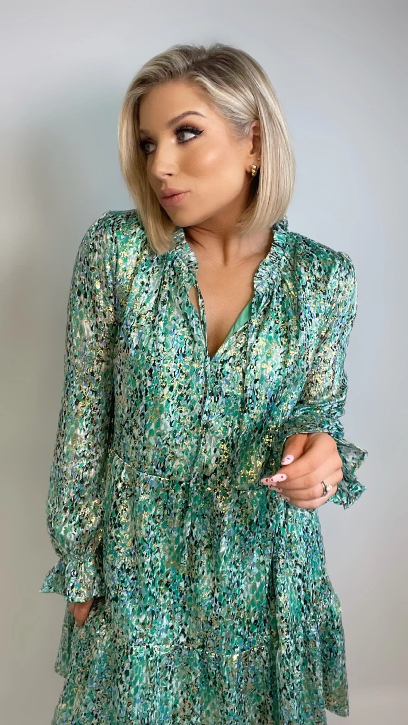 PENELOPE GOLD FOIL DRESS - GREEN