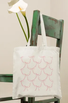 Pink Bows White Tote Bag with Zipper (Coquette Themed)