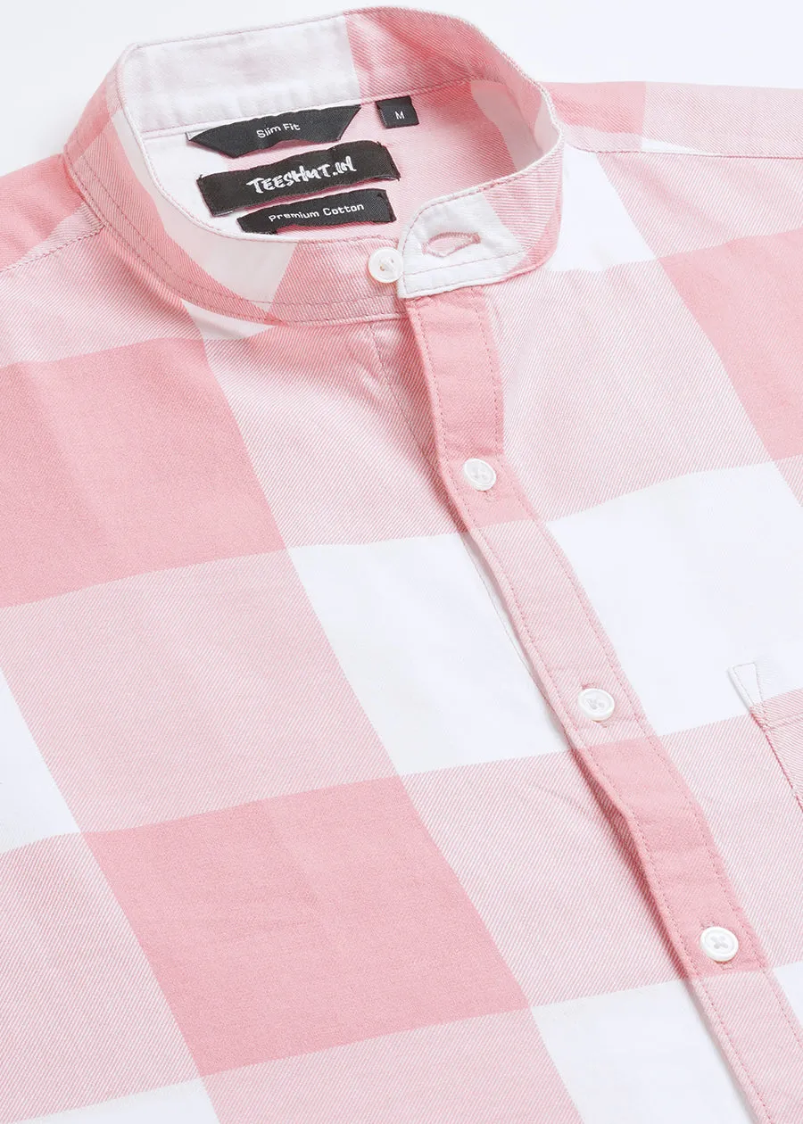 Pink Check Mandarin Collar Mens Full Sleeve Shirt