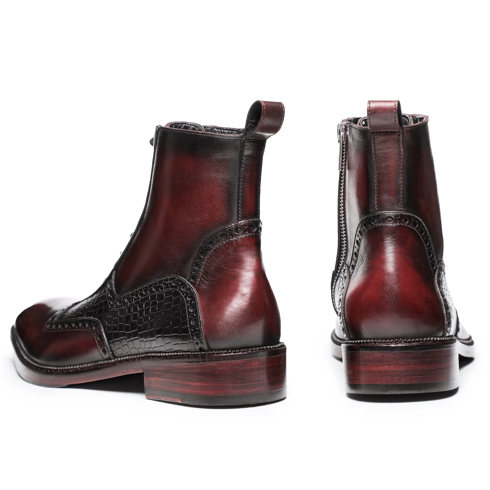 Plain Toe Lace up Boots with Zipper - Wine Red