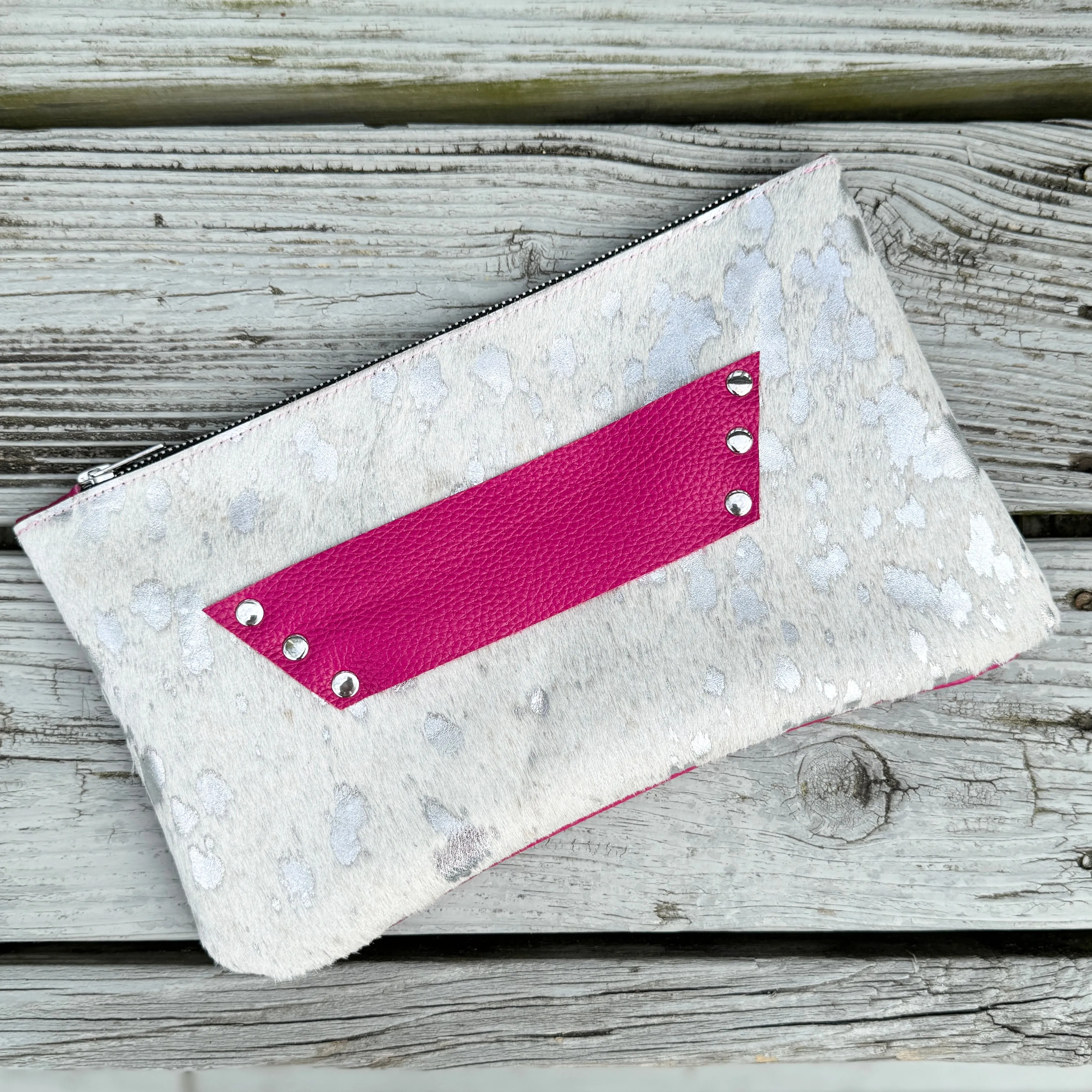 [raleigh leather] Clutch - Silver Acid Wash   Pink