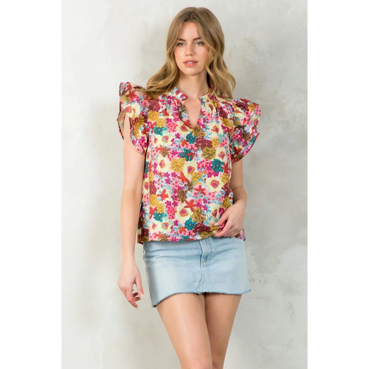 Shauna Flutter Sleeve Floral THML Top