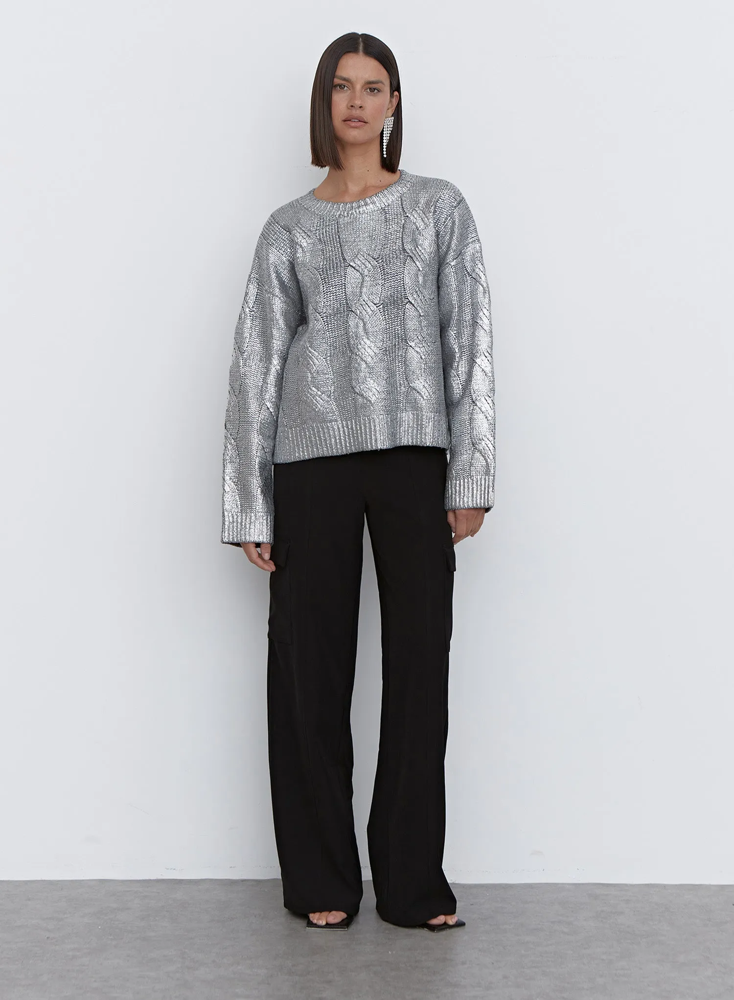 Silver Metallic Cable Knit Jumper - Sinia