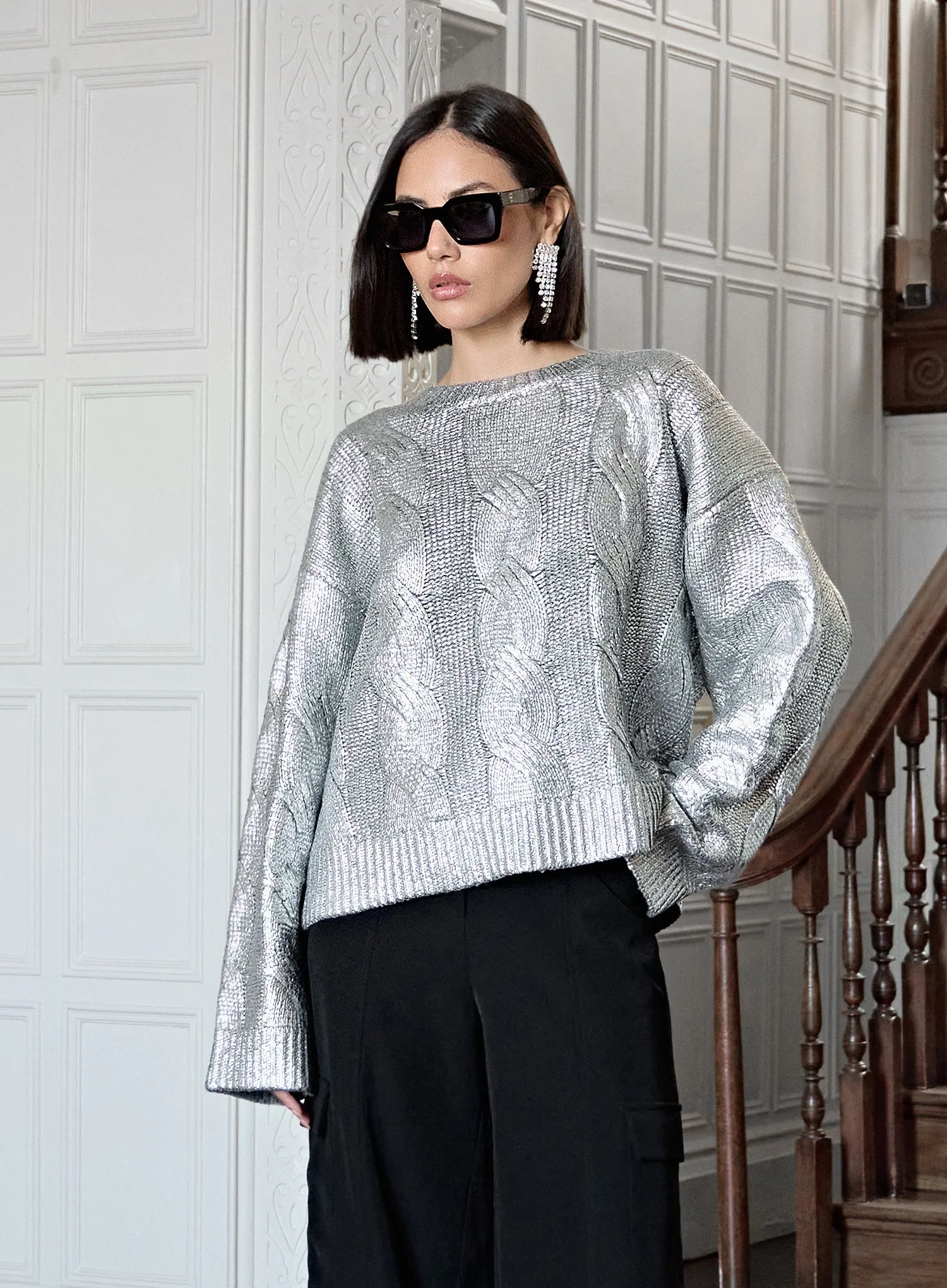 Silver Metallic Cable Knit Jumper - Sinia