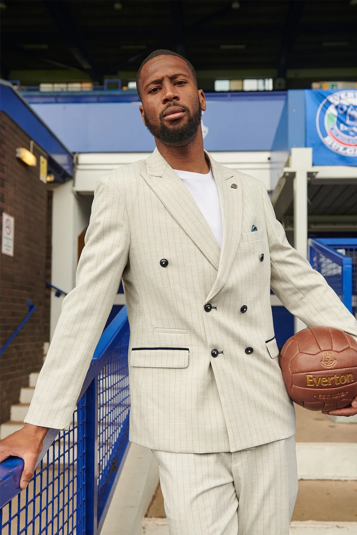 The Everton Collection | Beto In GRANT Stone Pinstripe Double Breasted Suit