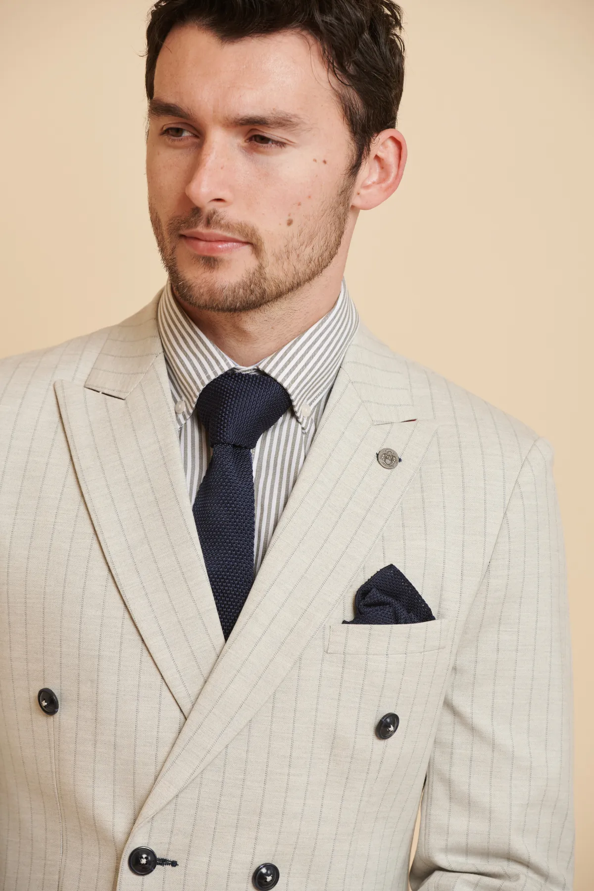 The Everton Collection | Beto In GRANT Stone Pinstripe Double Breasted Suit