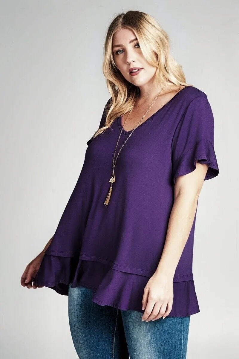 Womens Purple Top | Flutter Sleeve Shirt | Ruffle Hem Solid Tunic Top