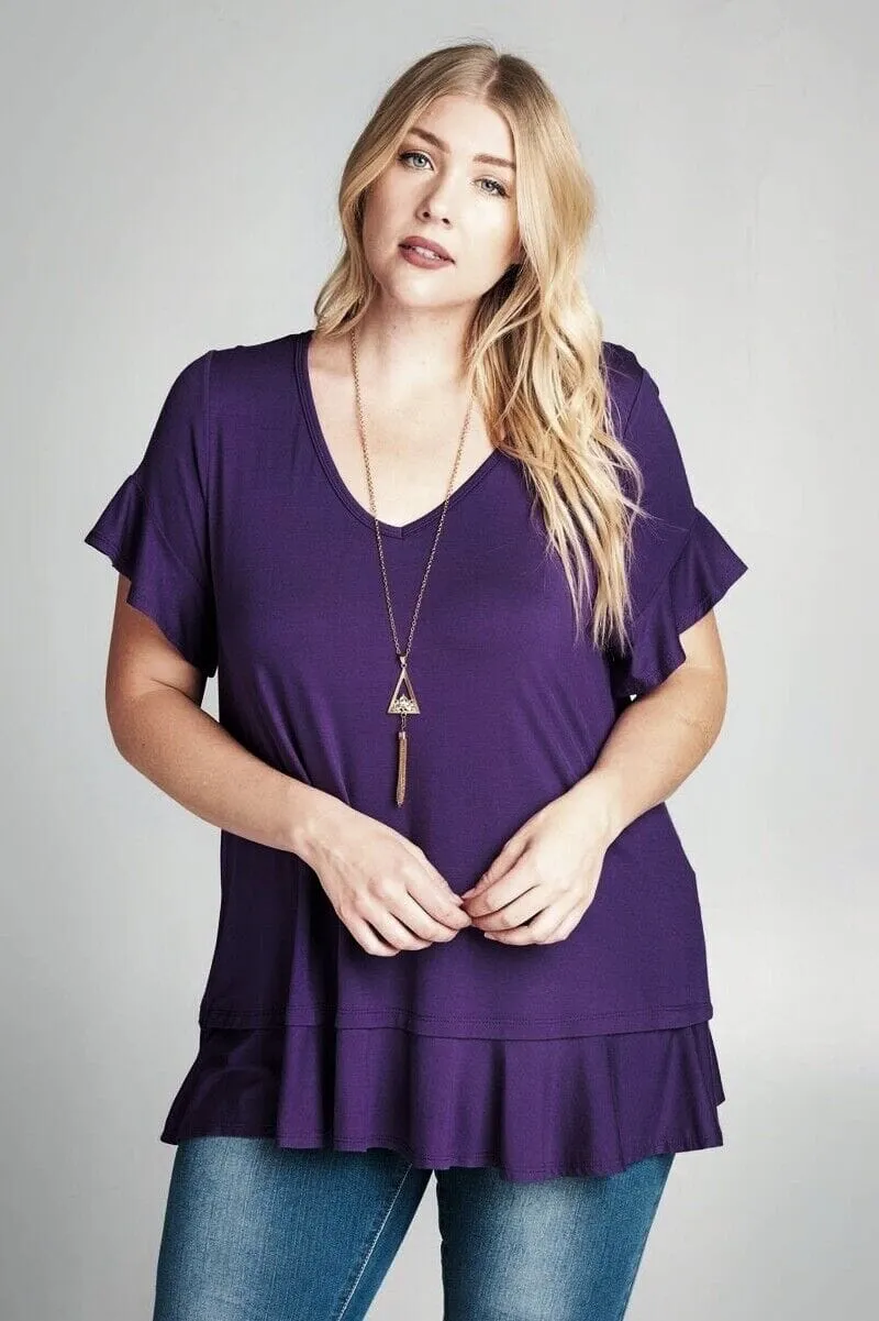 Womens Purple Top | Flutter Sleeve Shirt | Ruffle Hem Solid Tunic Top