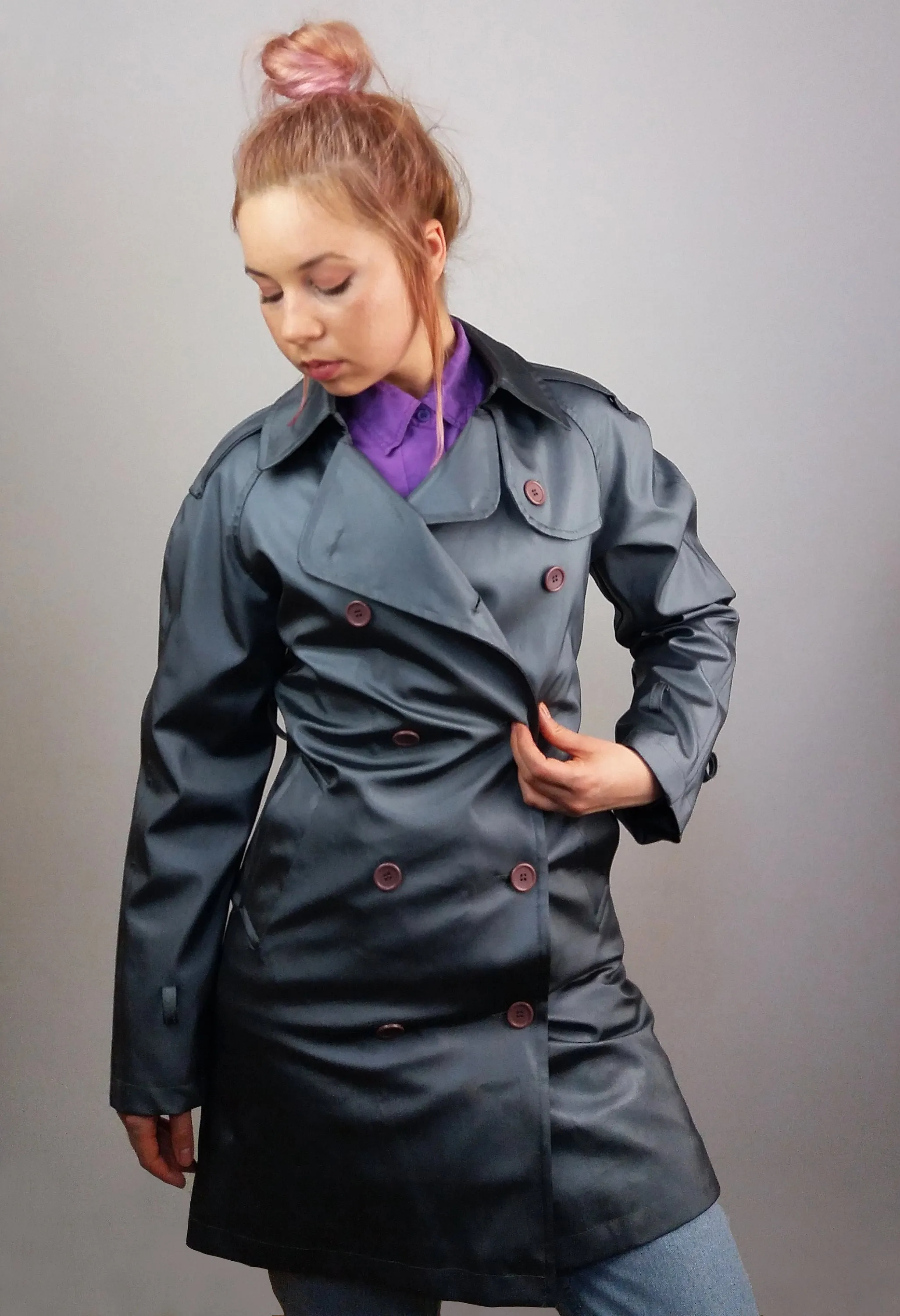 Y2K Shiny Trench-coat PVC in Liquid Grey - size XS-S